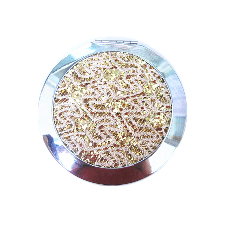 stainless steel compact mirror with glitter lace material for mothers in golden