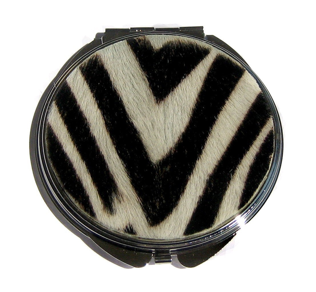 Artificial zebra fur compact mirror with magnification for purse