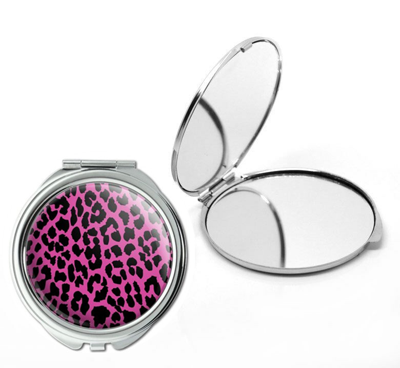 female portable compact mirror with purple and balck leopard drawing epoxy resin easy open Snap button
