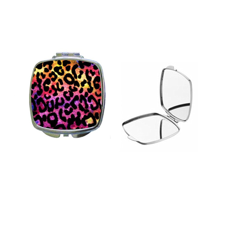 female portable compact mirror with purple and balck leopard drawing epoxy resin easy open Snap button