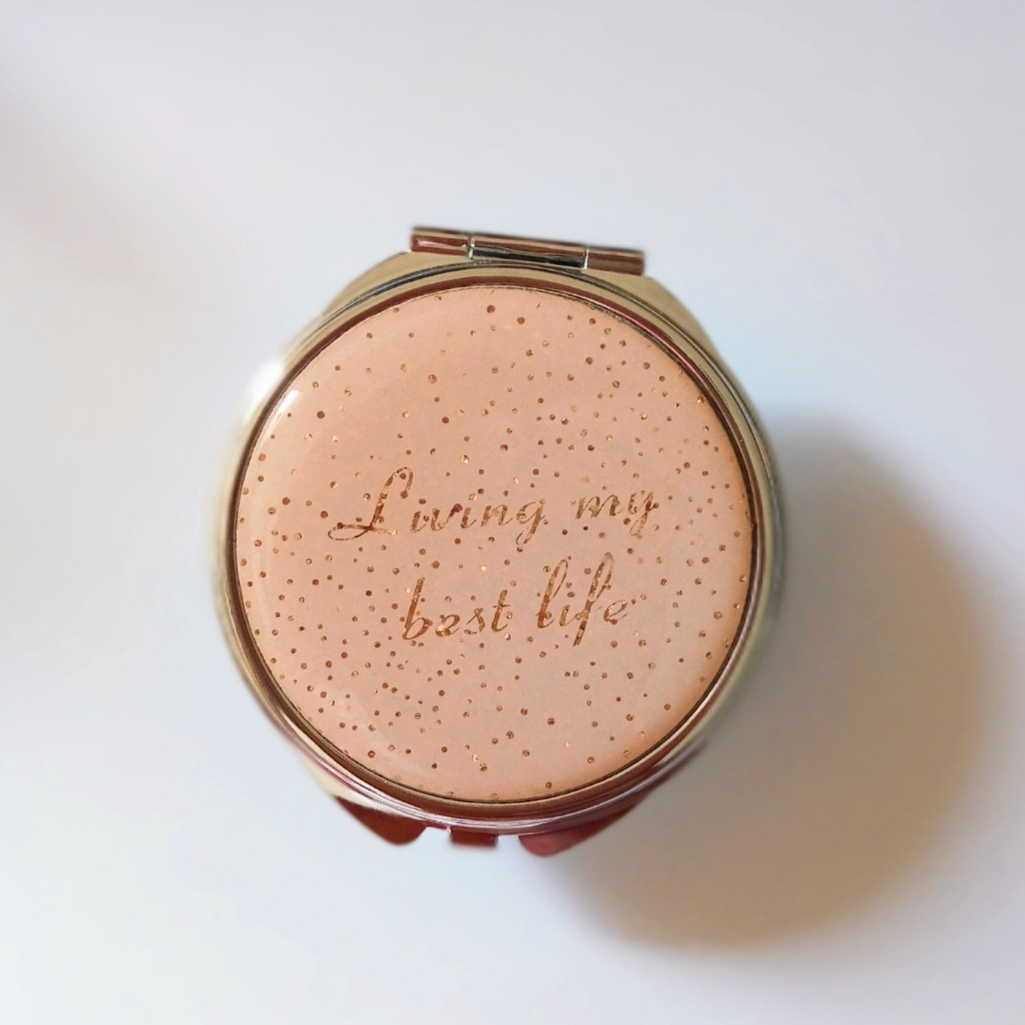 gold stamped compact mirror with glitter custom logo of beauty accessories