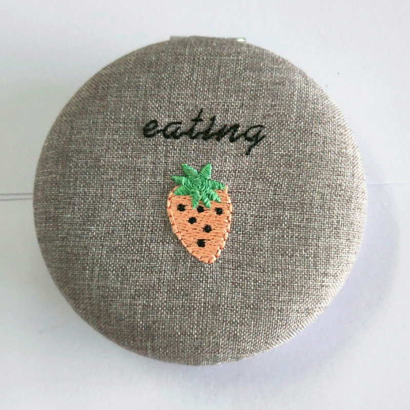 Elegent natural linen fabric compact mirror with embroidery design