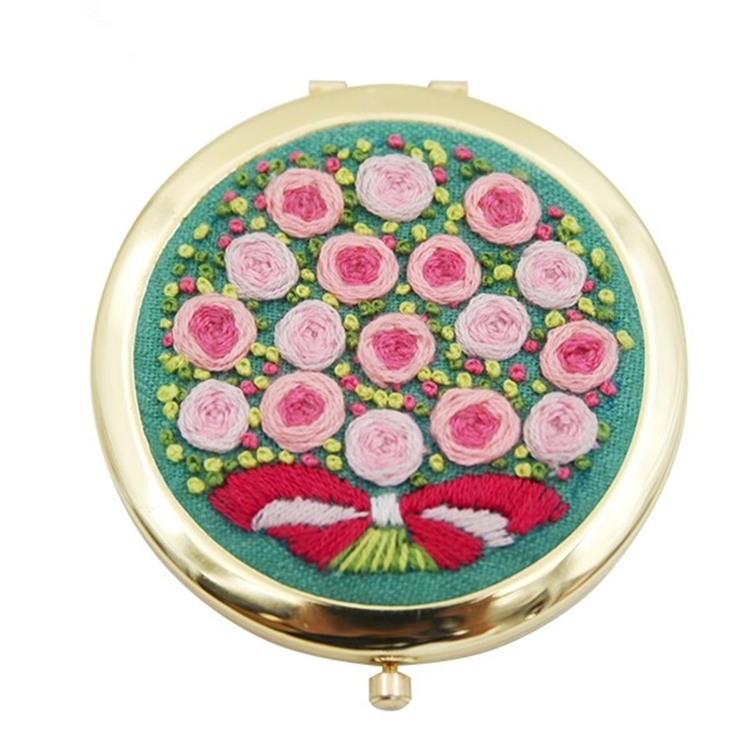 Elegent natural linen fabers make-up mirror with embroidery designs