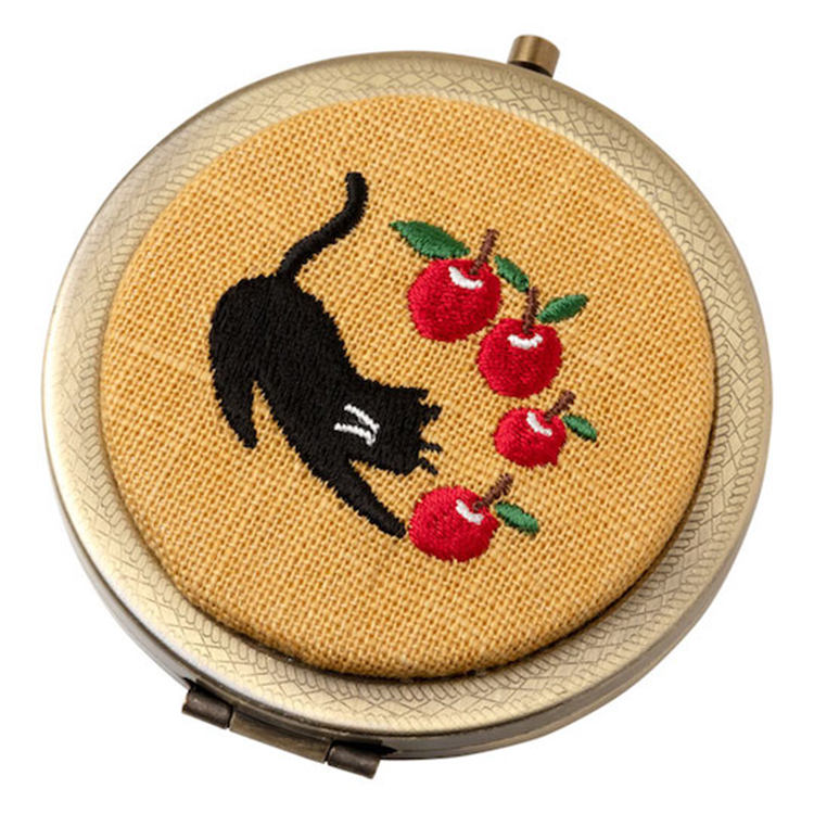 lovely kitty compact mirror with linen clothing embroidery for purse