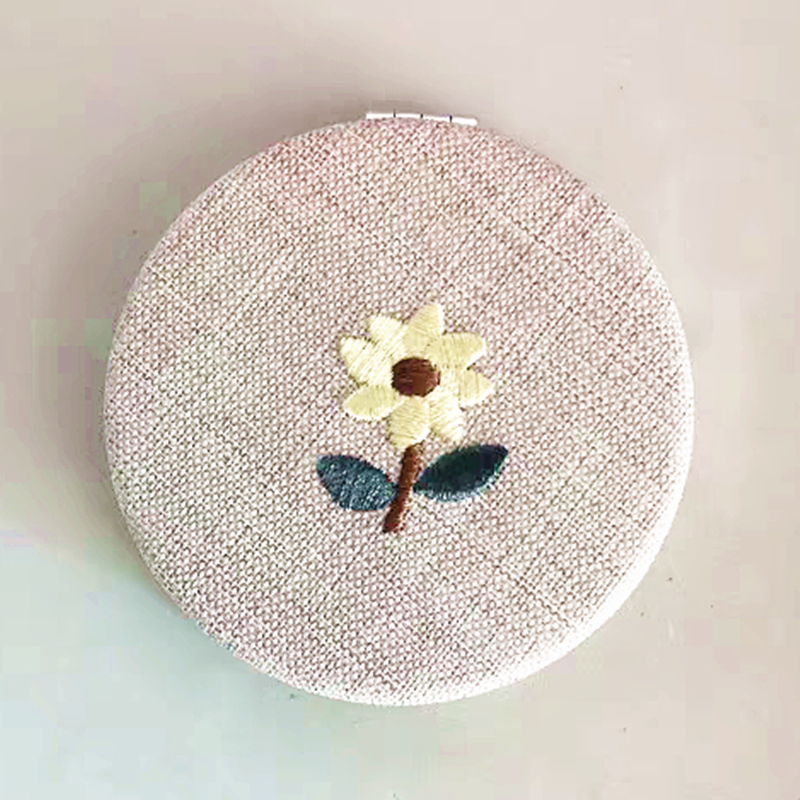 personalized flax fabric compact mirror with plants embroidery designs makeup mirror 