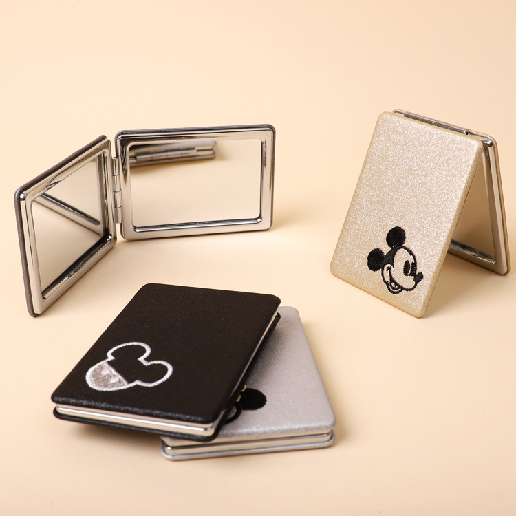 custom design compact mirror with glitter PU handicraft decorating handbag makeup mirror