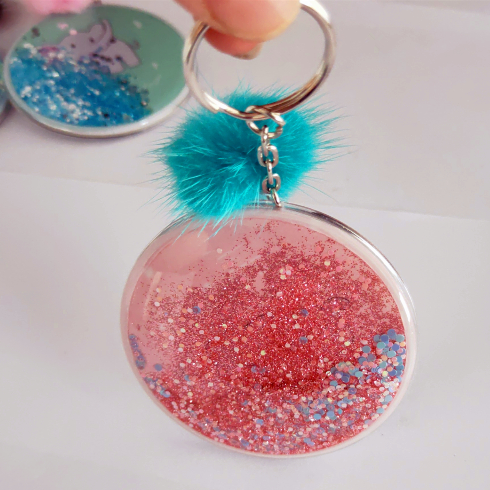 Floating glitter one side mirror in round shaped with keychain charms Birthday party favors