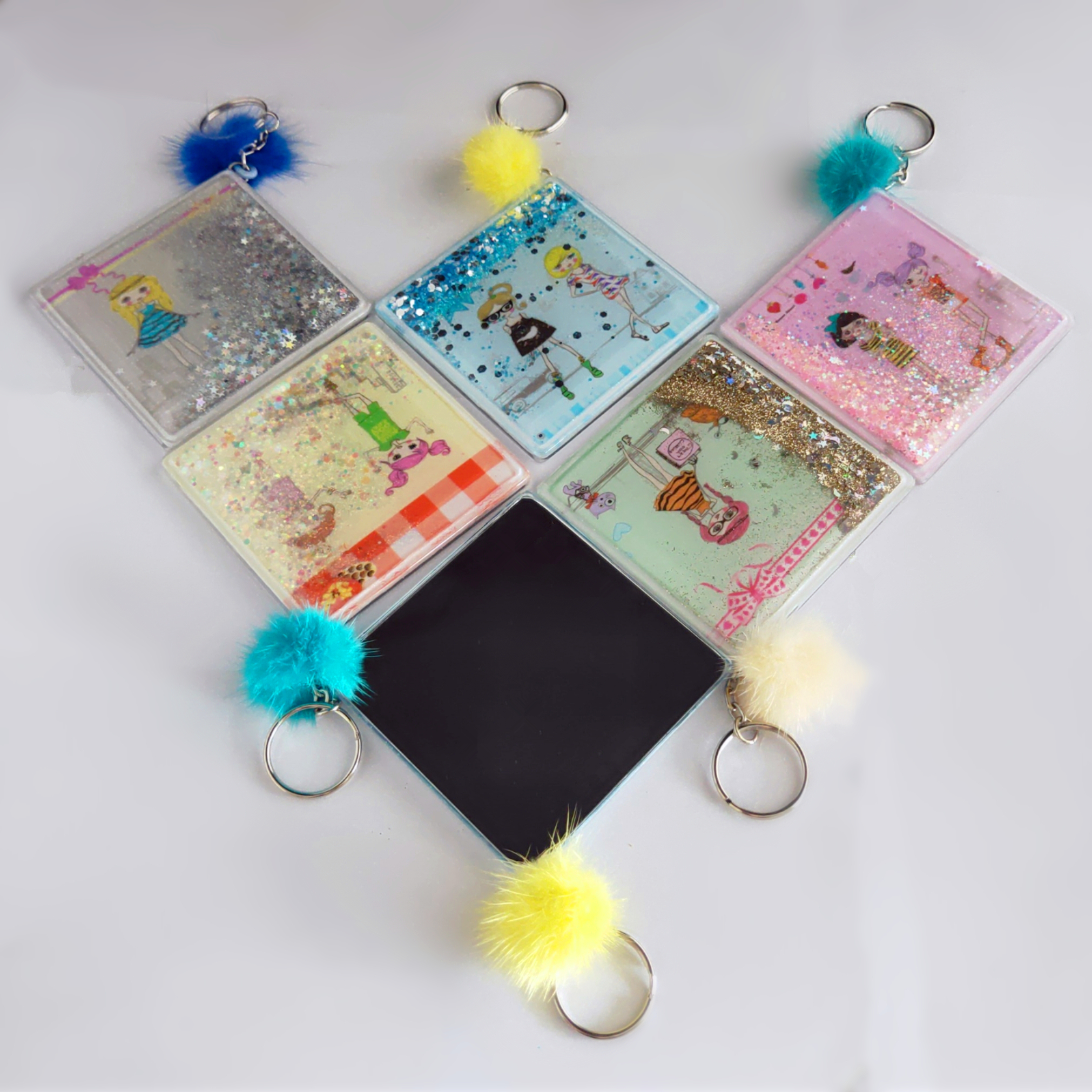 Square Floating glitter single mirror with keychain hairball charms for Amazon