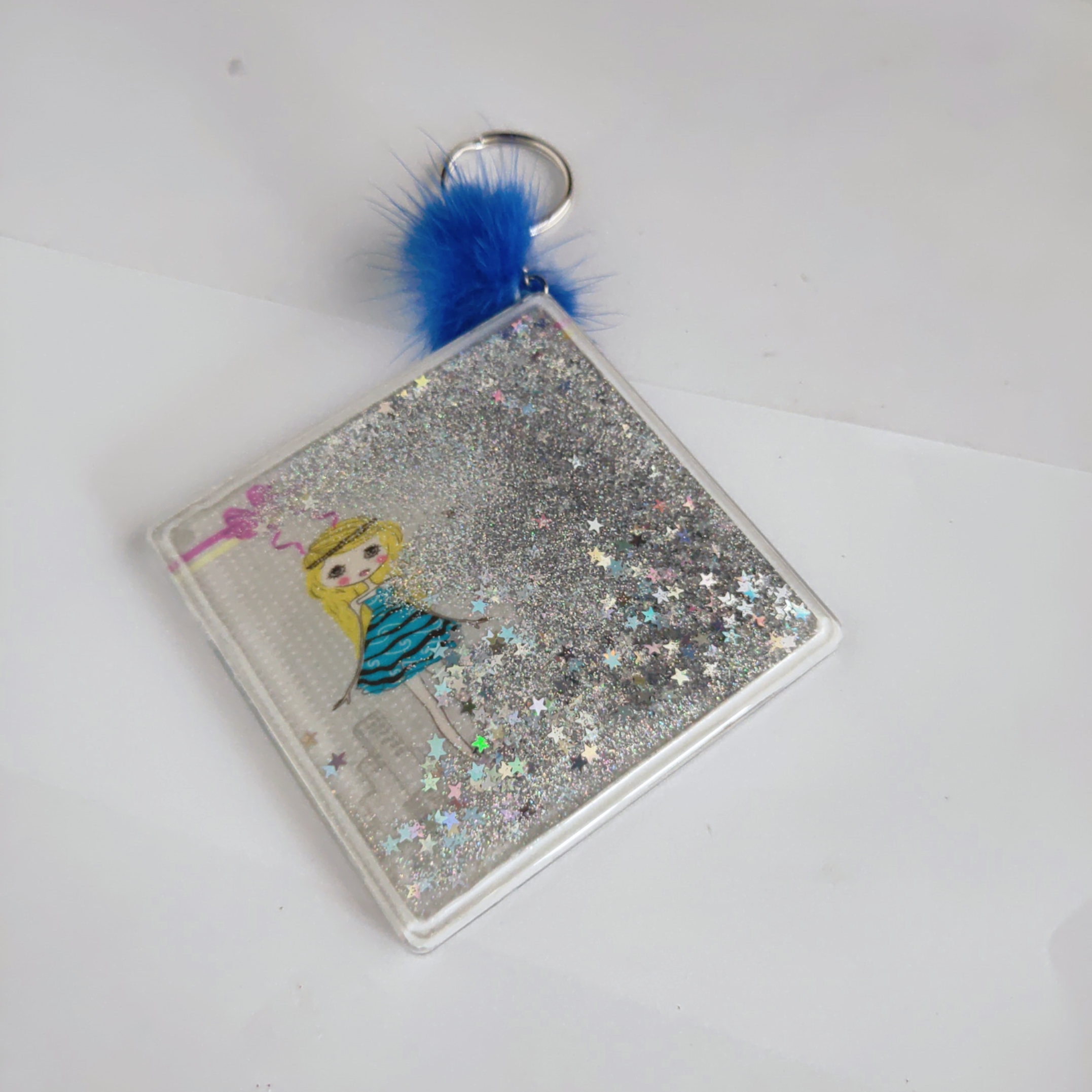 Square Floating glitter one side mirror with Pompom ball keychain for purse