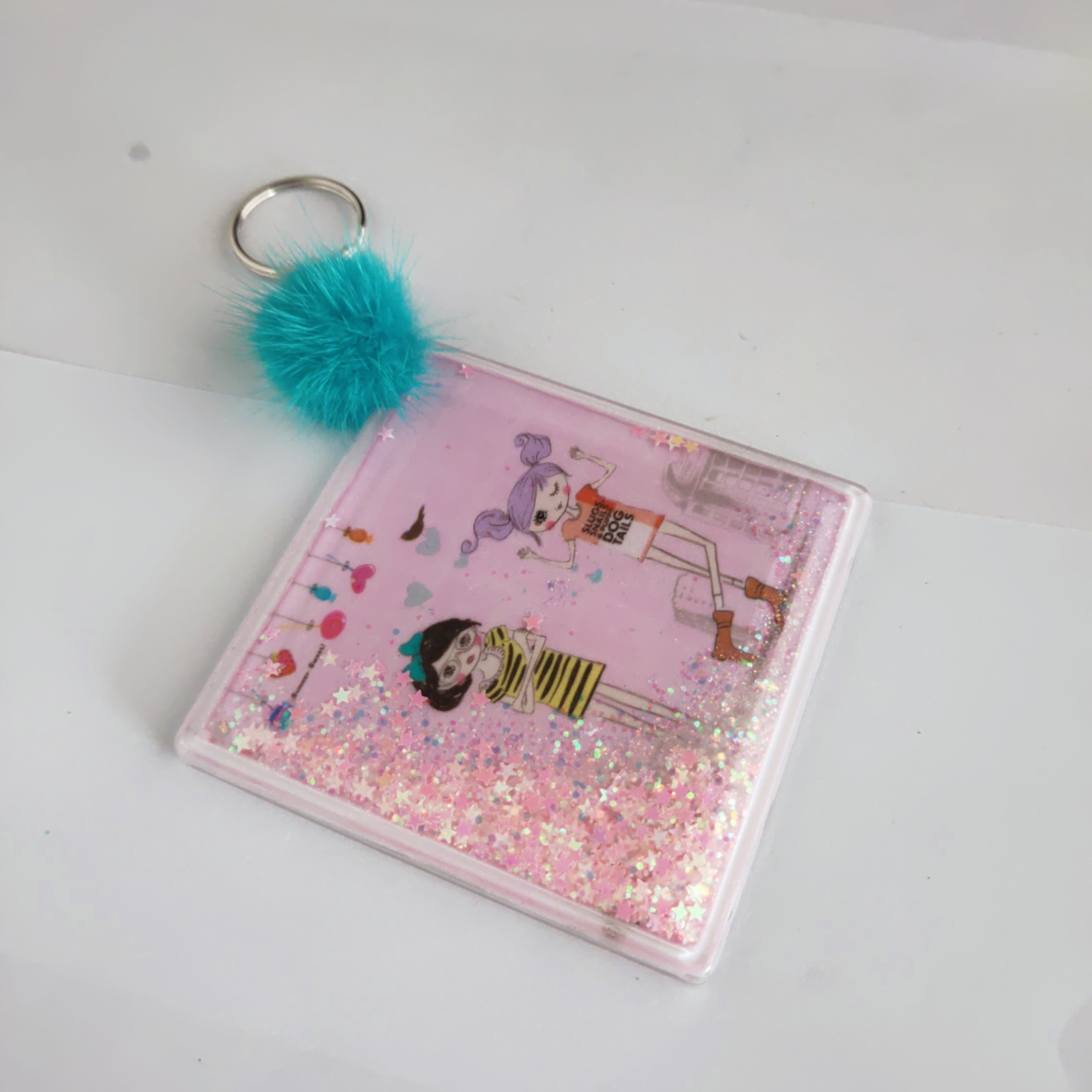 Square Fluiding glitter one side mirror with Pompom charm for cheap