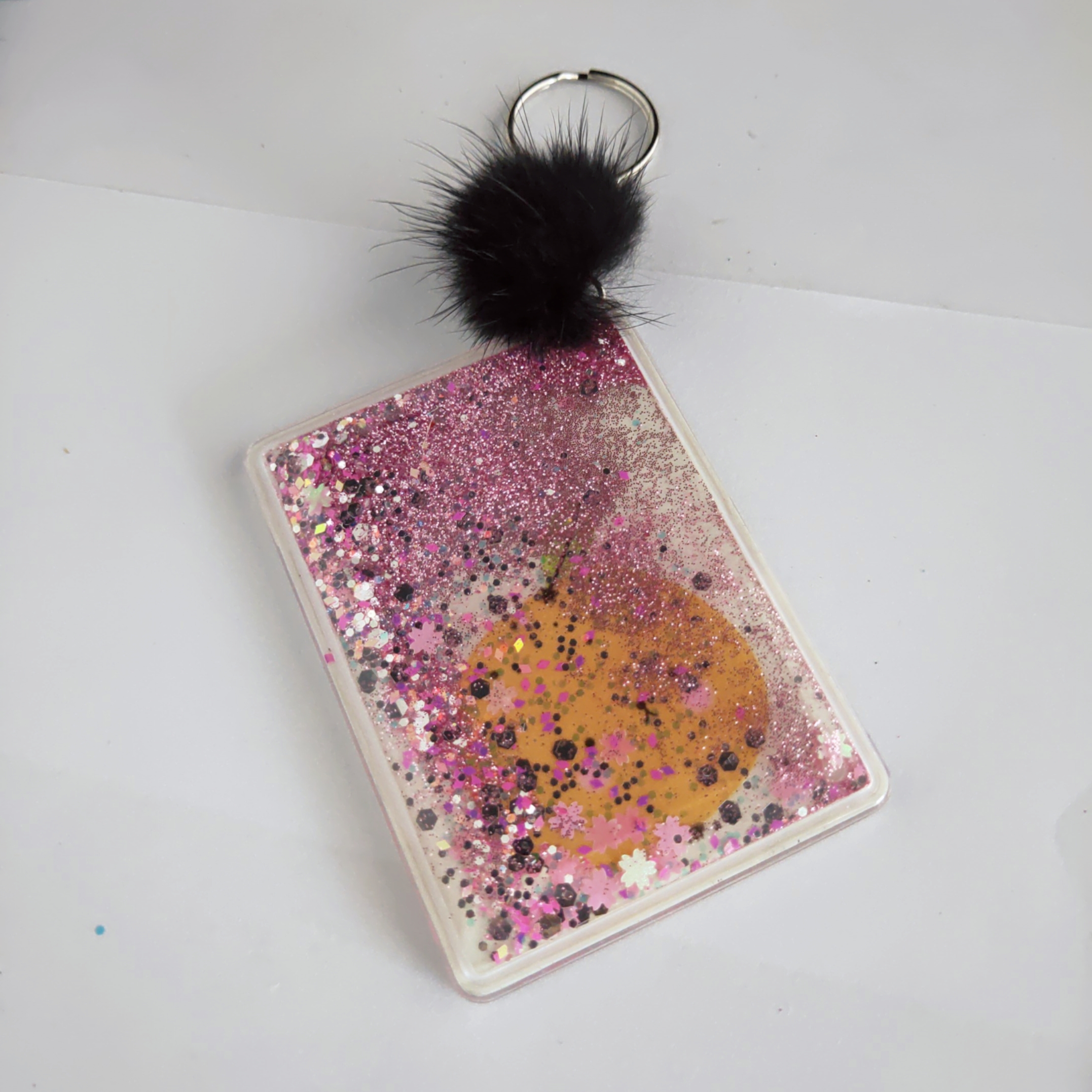 rectangle Floating sparkle glitter makeup single mirror with Pompom keychain with 1X mirror for handbags
