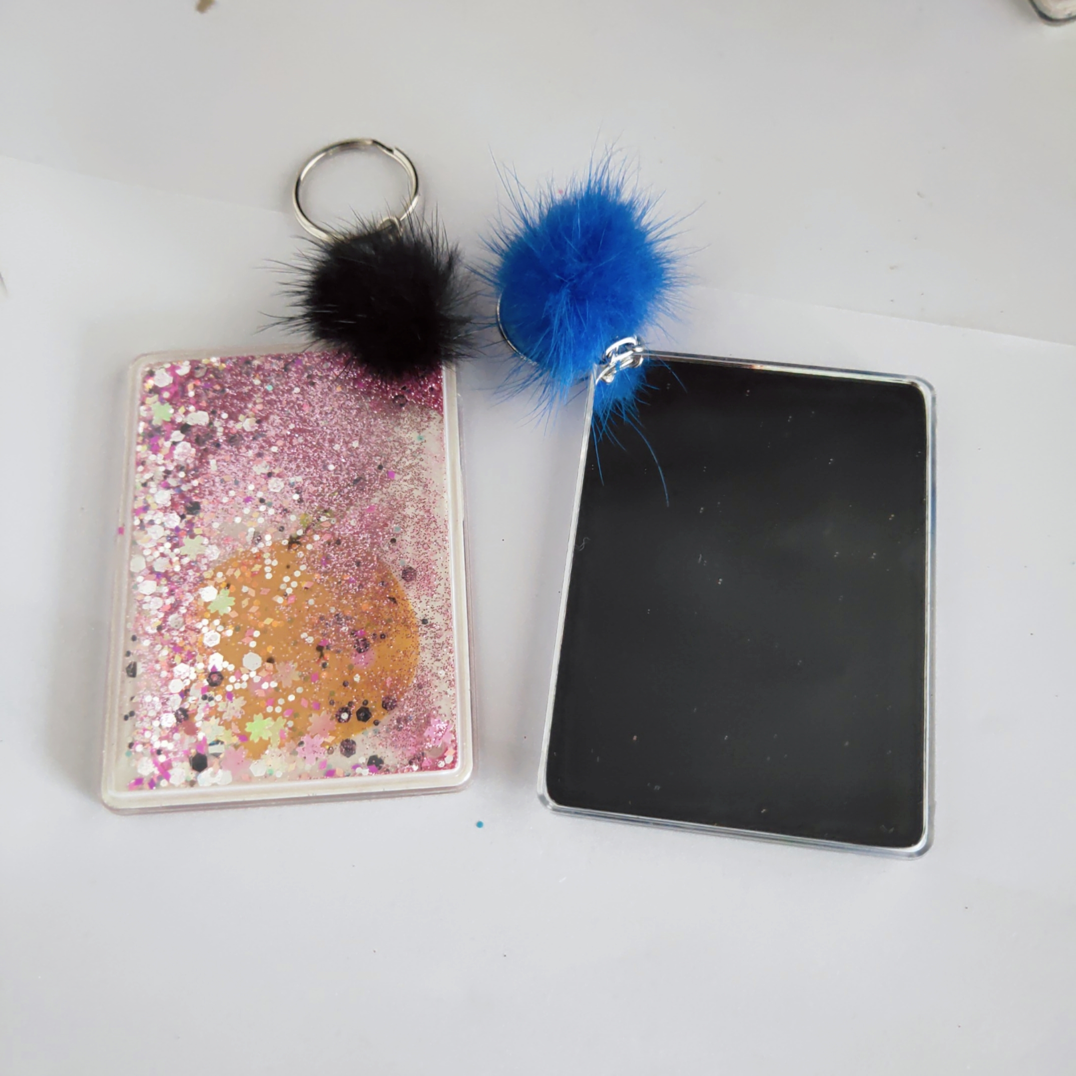 rectangle Floating bling bling powder makeup single mirror with Pompom keychain with mirror for handbags