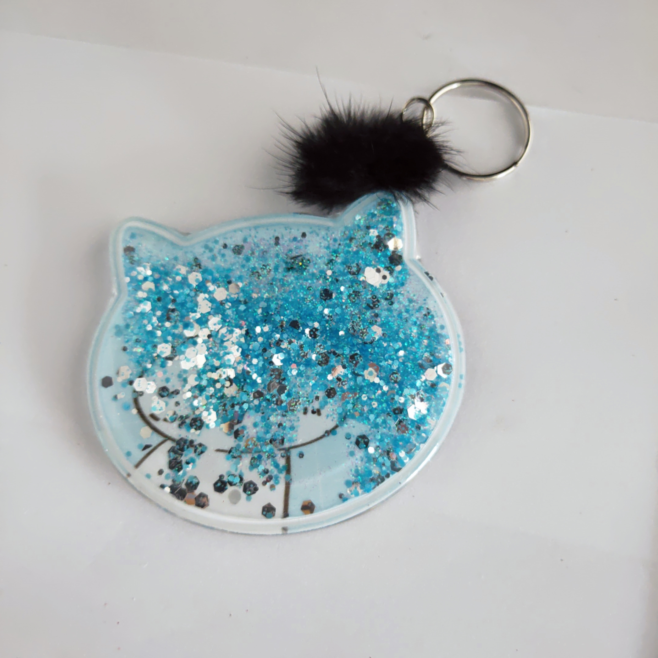 Cat head Floating sparkle glitter one side mirror with Pompom keychain with mirror for cosmetics accessories promo
