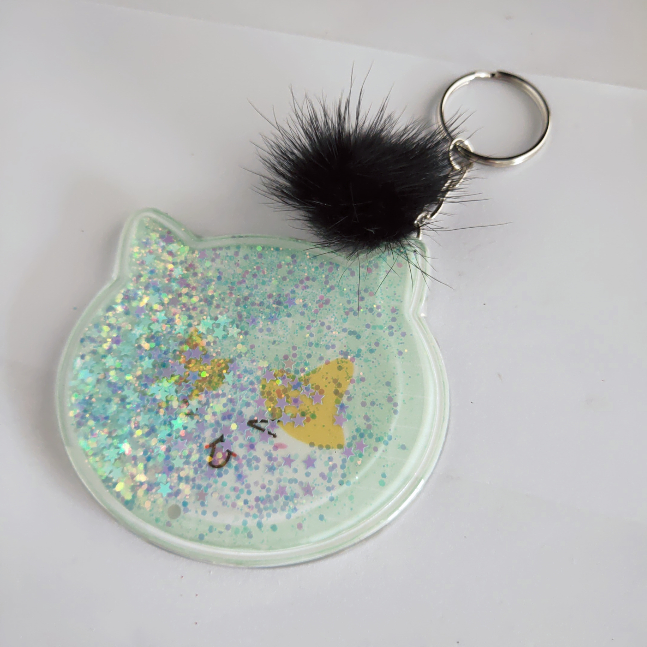 Cat head Floating glitter powder single mirror with Pompom keychain with mirror for makeup accessories promo
