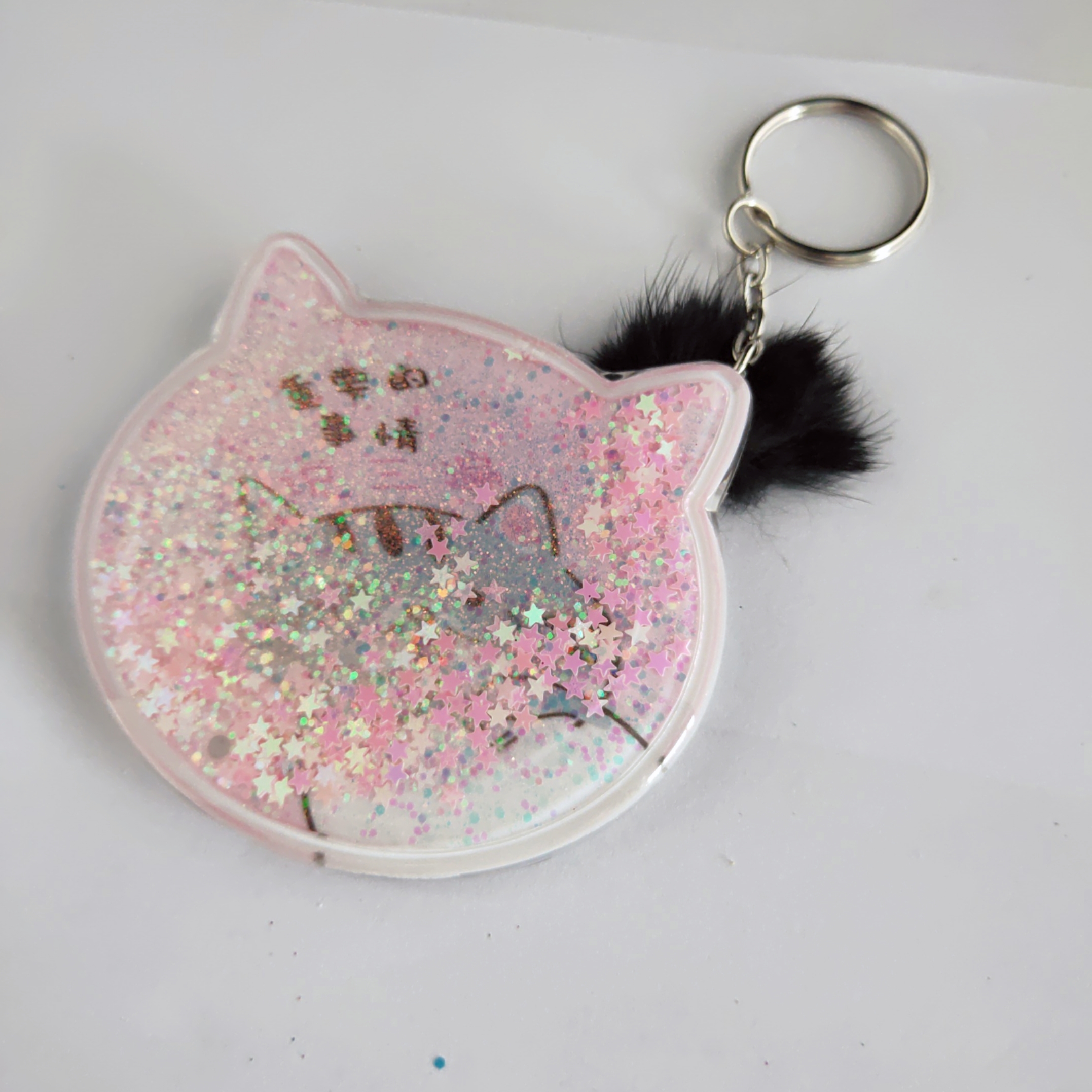 Cat head Floating powder glitter single mirror with Pompom keychain with mirror for beauty accessories promo